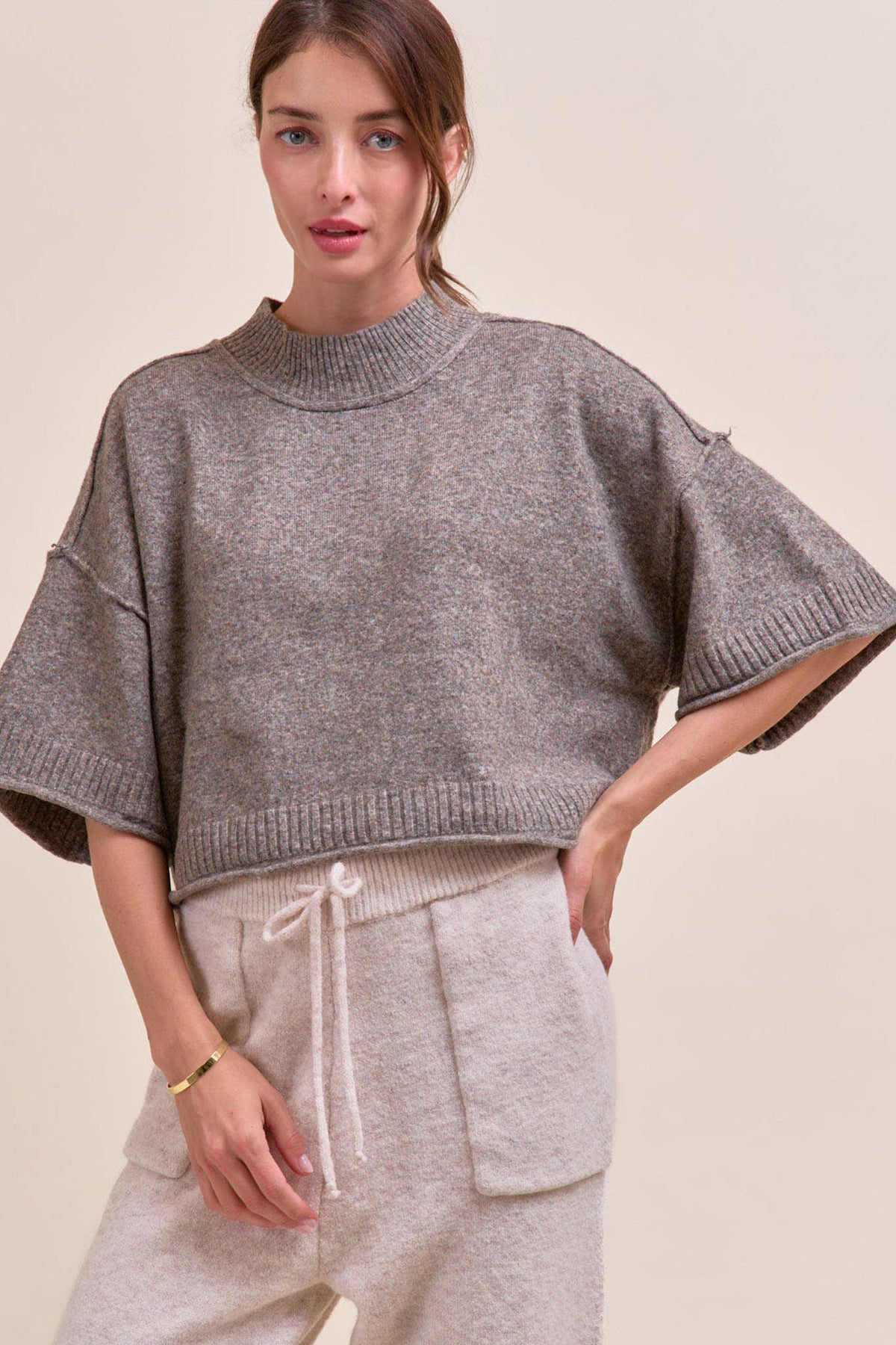 MARLED KNIT MOCK NECK SHORT SLEEVE SWEATER MSW11178: MOCHA MOUSSE / M