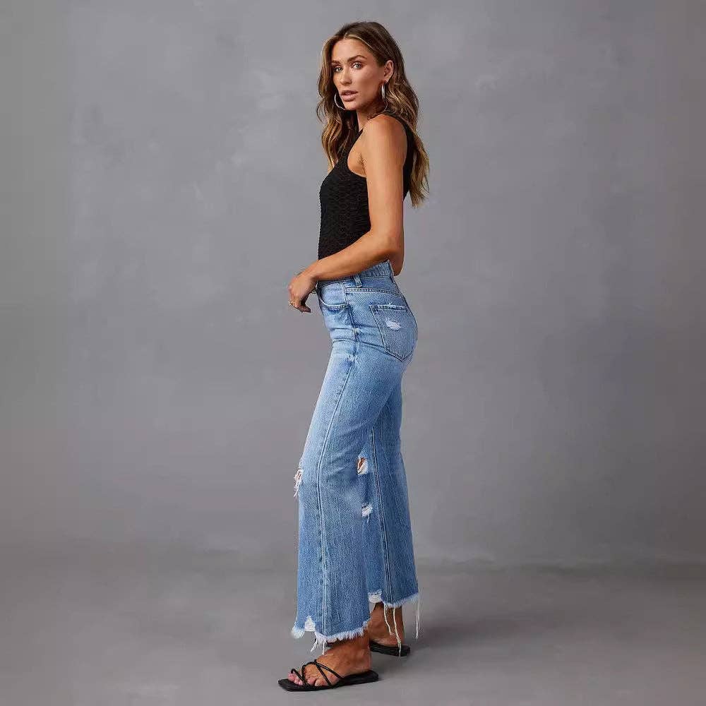 High-Waisted Distressed Denim Wide Leg Pants: Blue / L