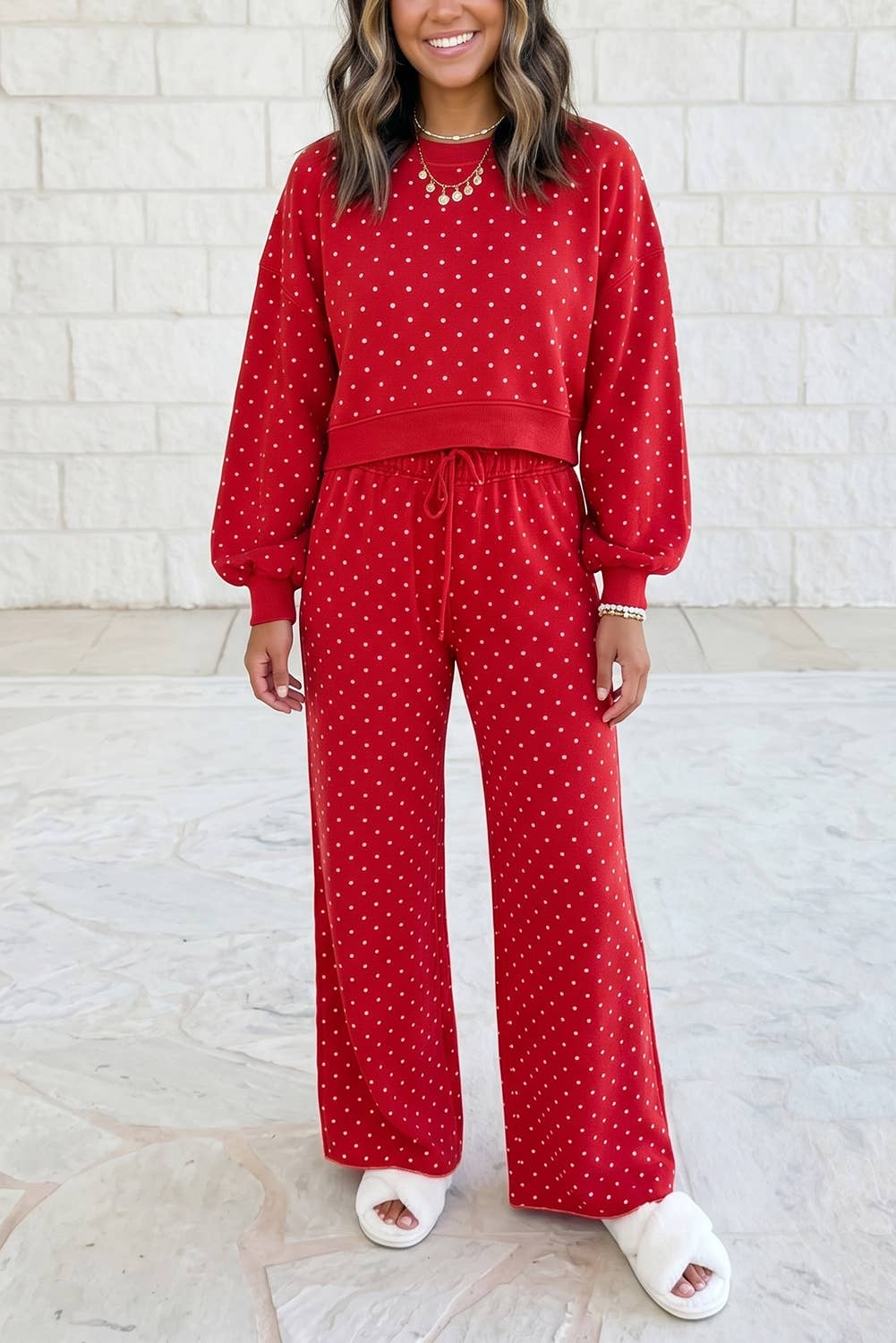 Polka Dot Long Sleeve Top Drawstring Wide Leg Pants Set S–4X: Brown / M