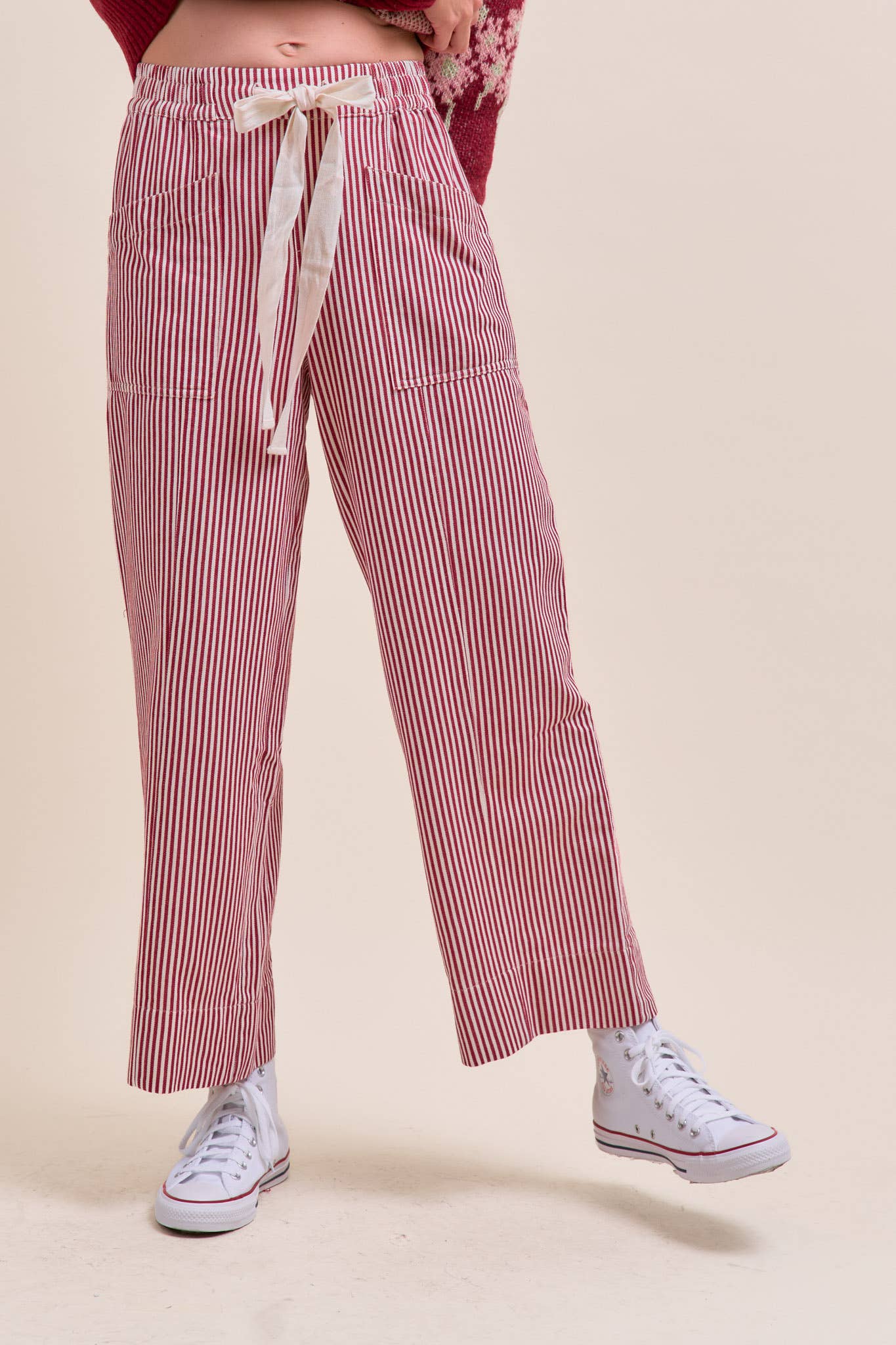 STRIPED WIDE LEG PANTS  Red & Off White Stripe S-L