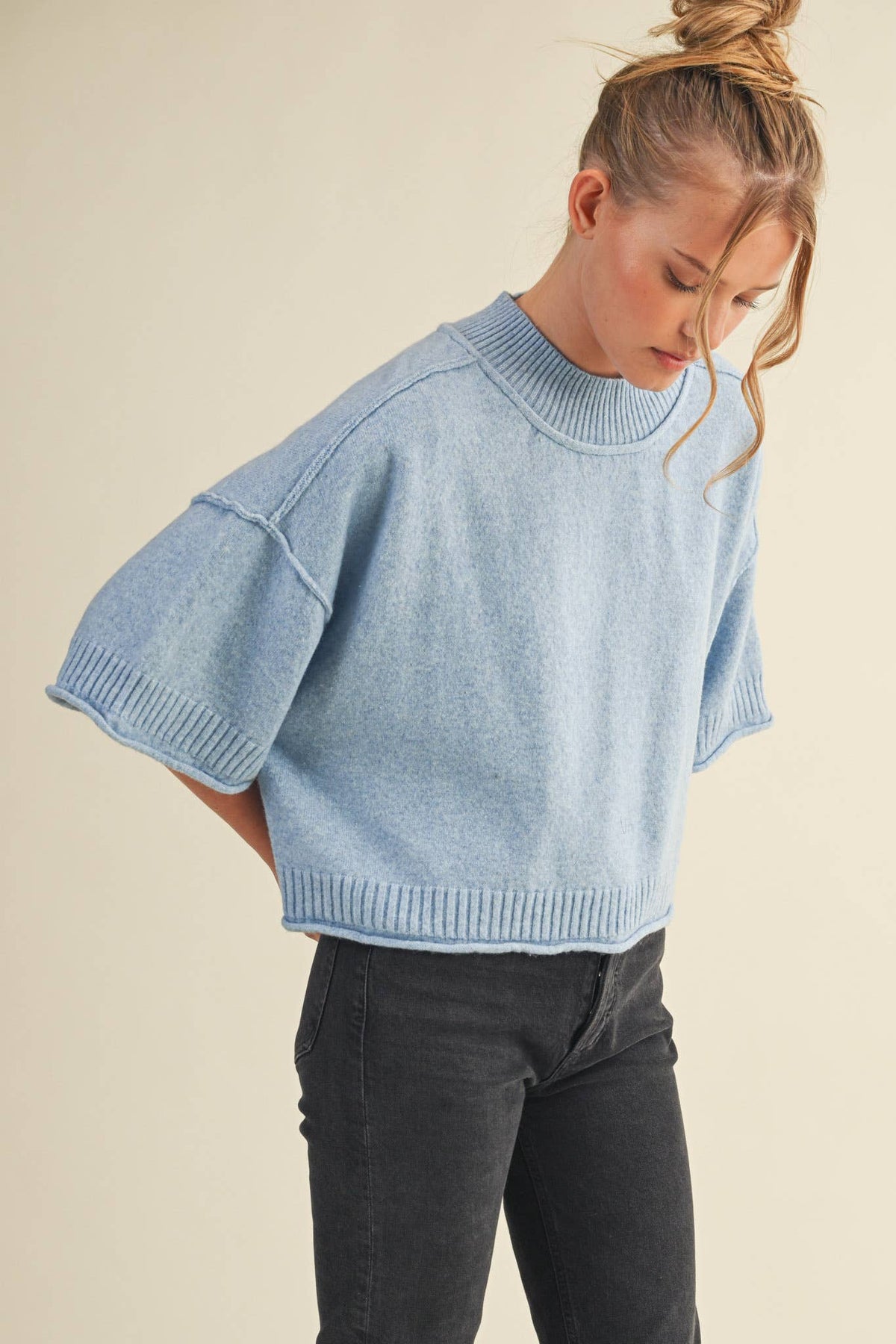 MARLED KNIT MOCK NECK SHORT SLEEVE SWEATER MSW11178: MOCHA MOUSSE / L