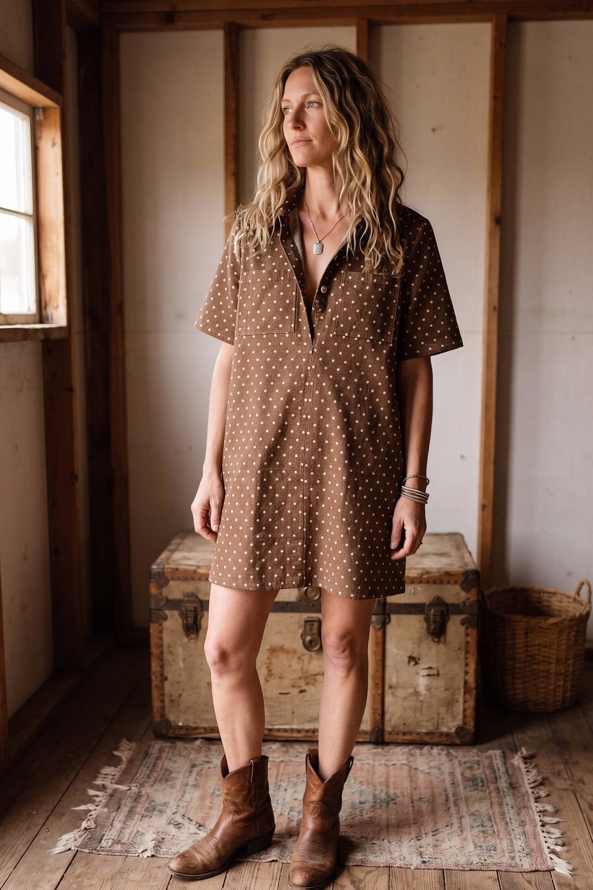 Polka Dot Denim Shirt Dress: BROWN / M