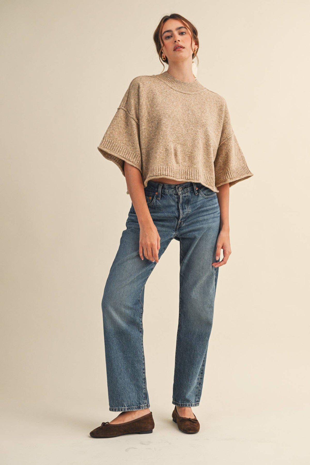 MARLED KNIT MOCK NECK SHORT SLEEVE SWEATER MSW11178: MOCHA MOUSSE / M