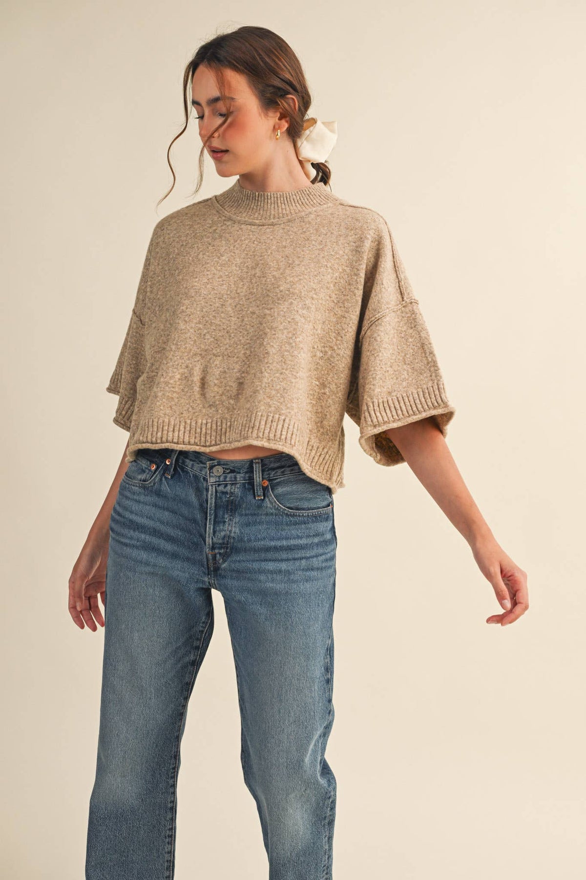 MARLED KNIT MOCK NECK SHORT SLEEVE SWEATER MSW11178: MOCHA MOUSSE / L
