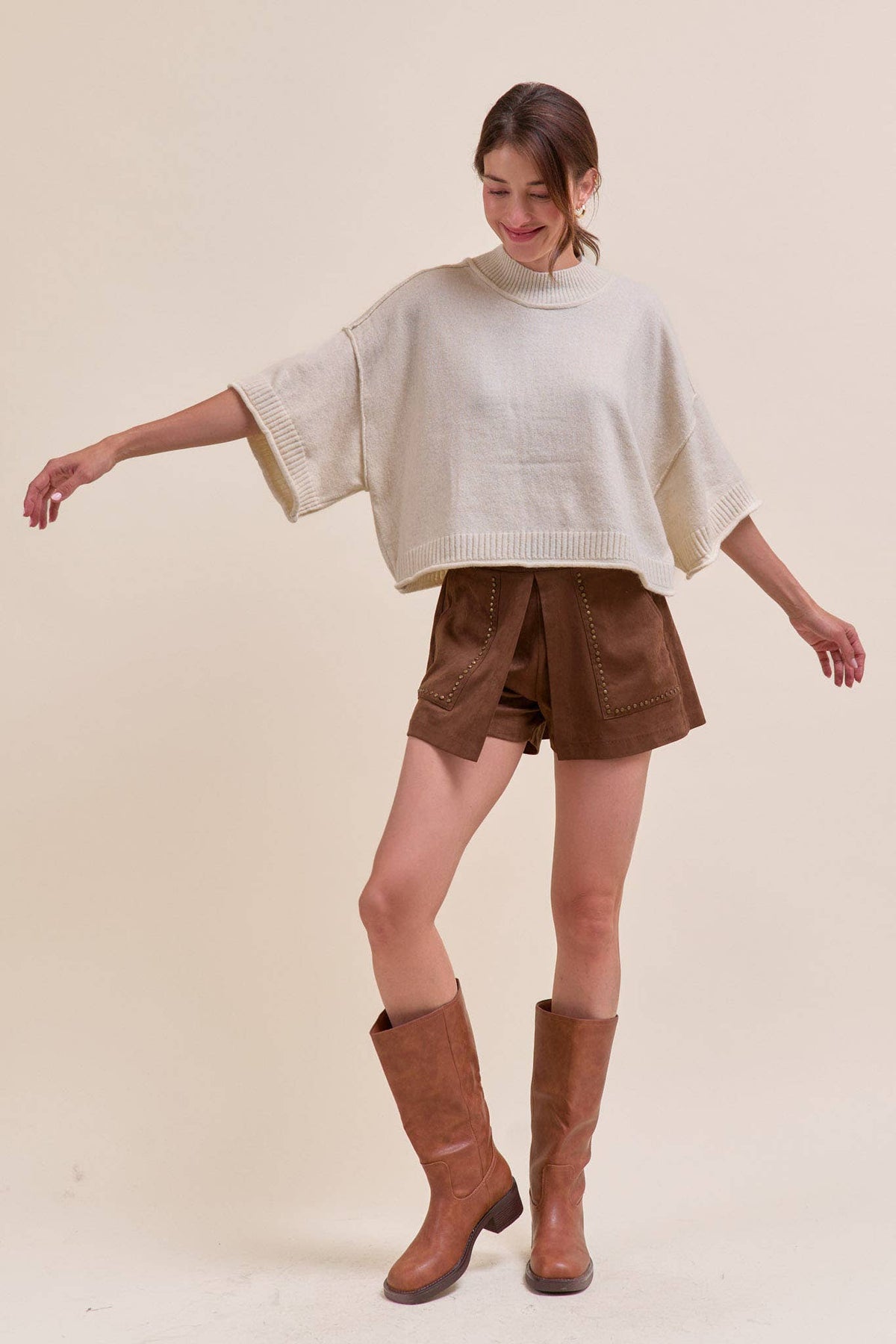 MARLED KNIT MOCK NECK SHORT SLEEVE SWEATER MSW11178: MOCHA MOUSSE / L