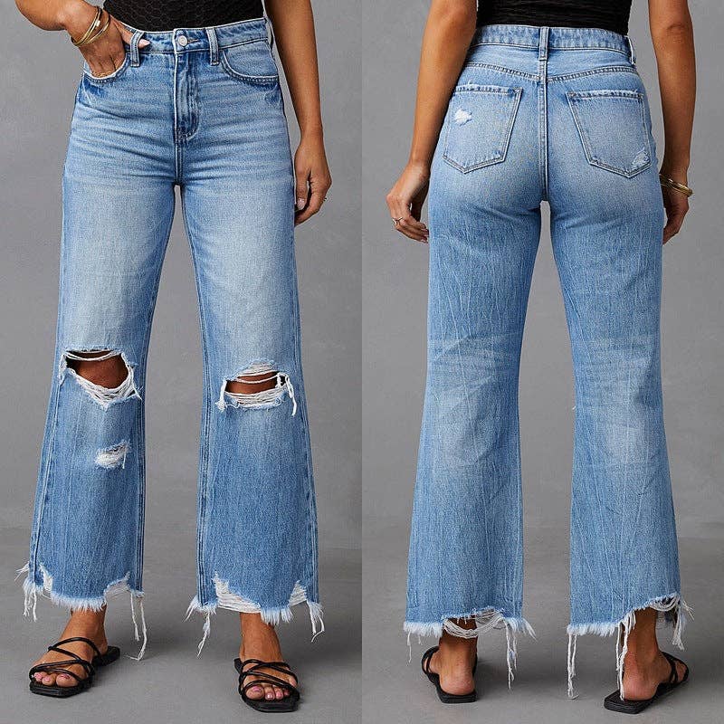 High-Waisted Distressed Denim Wide Leg Pants: Blue / XXL