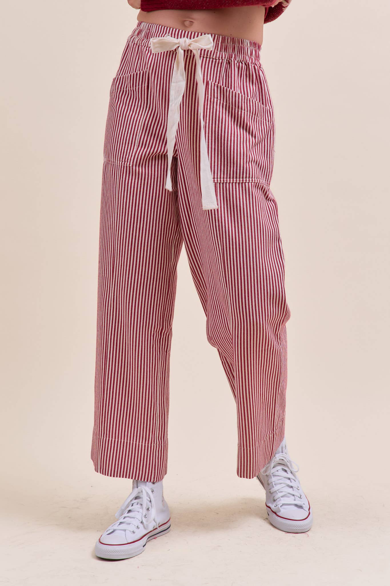 STRIPED WIDE LEG PANTS  Red & Off White Stripe S-L