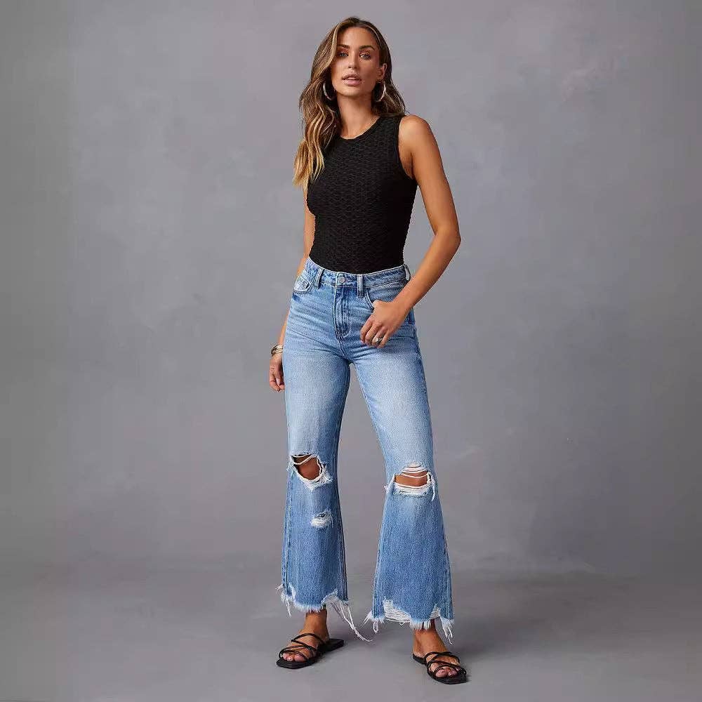 High-Waisted Distressed Denim Wide Leg Pants: Blue / L